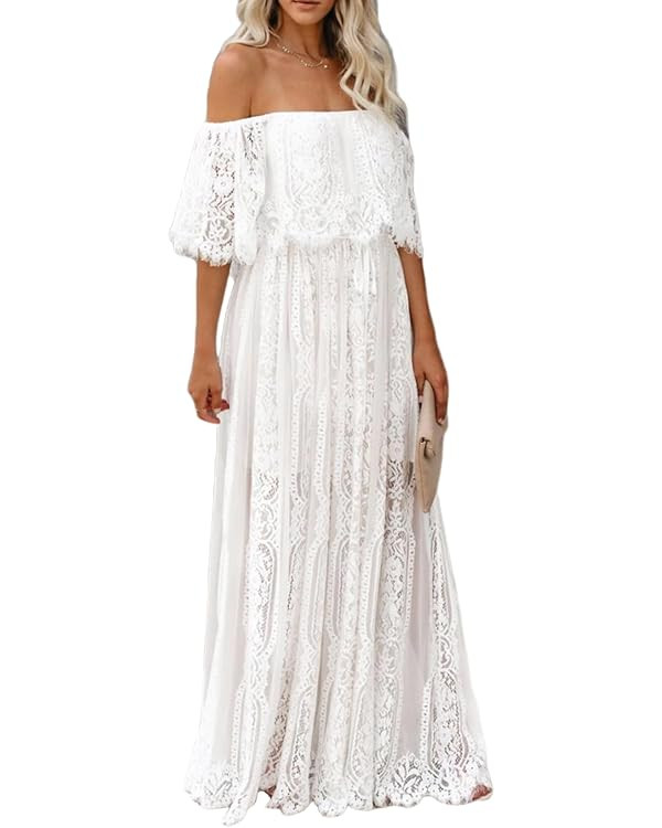 Cercis Womens Off The Shoulder Floral Lace Maxi Wedding Dress Boho Flowy Wedding Guest Formal Lon... | Amazon (US)