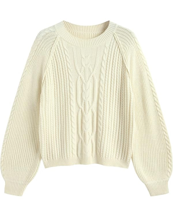 ZAFUL Women's Cable Knit Sweaters 2025 Crewneck Long Lantern Sleeve Pullover Ribbed Knitted Tops | Amazon (US)