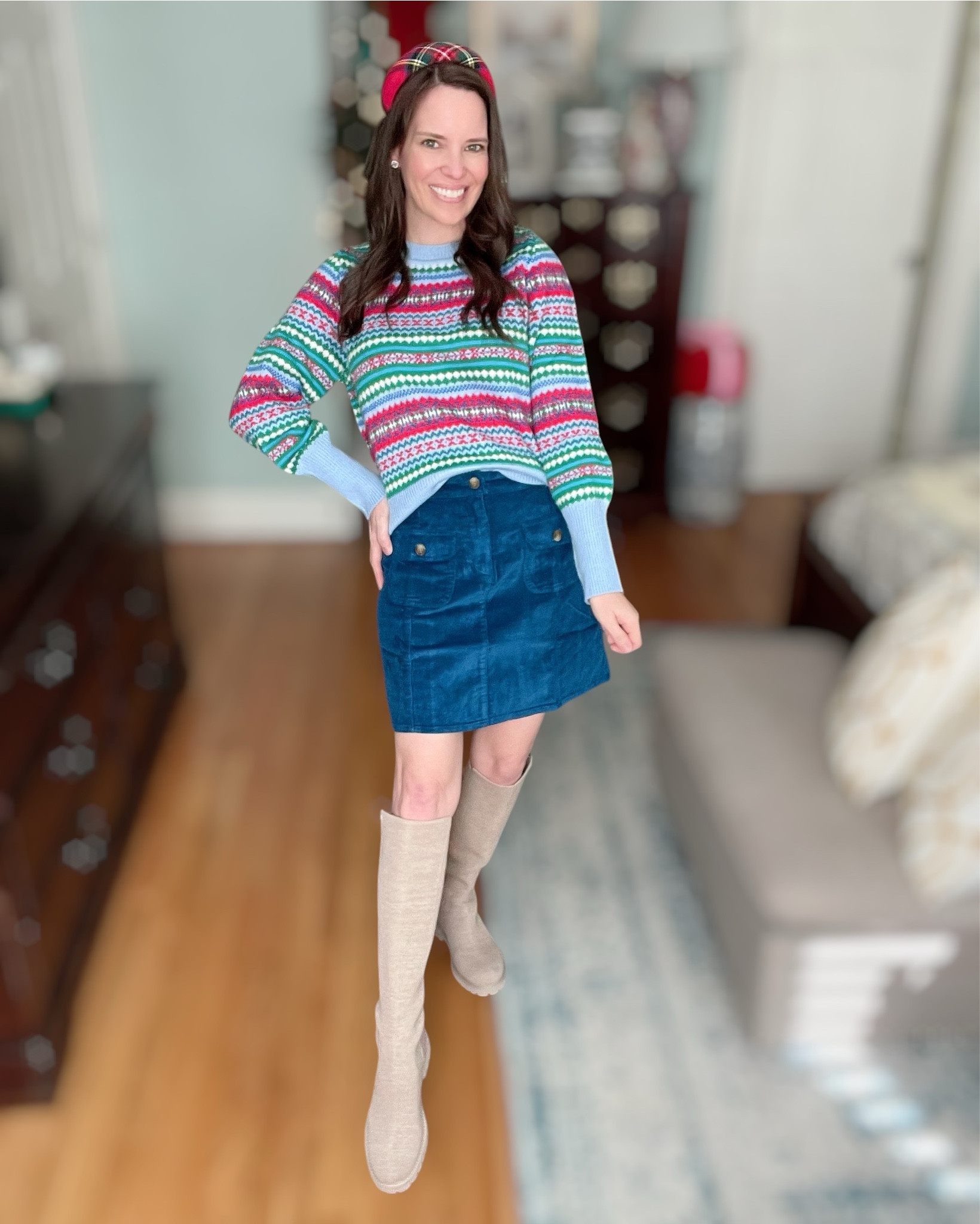 🎄💗 Holiday cuteness activated! This little preppy look is giving classic Christmas but still playful + fun. The Fair Isle sweater is from Walmart’s Free Assembly line and it is SO good in person — bright, happy colors, super soft, and just the right length for a front tuck or wear-out moment. I paired it with my blue corduroy mini from J.Crew Factory — such a flattering A-line fit and it adds that retro-cozy texture I love for winter outfits.

Topped the look with this plaid padded headband for that festive pop of tartan 🎁✨ And these VIVAIA knit knee-high boots… y’all… they are insanely comfy. Stretchy, lightweight, and easy to walk in all day. Such a good neutral winter boot that still feels elevated.

A super simple, cheerful outfit that works for holiday brunch, classroom events, Santa visits, Christmas movie nights, cookie swaps — all the cozy days leading up to December 25th ✨❤️

🎀 Wearing:
• Free Assembly Fair Isle Sweater (wearing my true size)
• J.Crew Factory Corduroy Pocket Skirt (TTS)
• VIVAIA Knit Knee-High Boots (so comfy + lightweight)
• Amazon Plaid Padded Headband
• Simple stud earrings for a clean polished finish

⸻

cozy winter outfit holiday outfit ideas festive style bright christmas sweater fair isle sweater outfit cheerful colorful holiday looks corduroy skirt outfit winter boots knee high boots preppy festive outfit ideas affordable holiday outfit walmart finds jcrew factory finds amazon holiday accessories tartan headband christmas season style merry & bright outfit inspo 🎄💕

#LTKFindsUnder50 #LTKShoeCrush #LTKHoliday