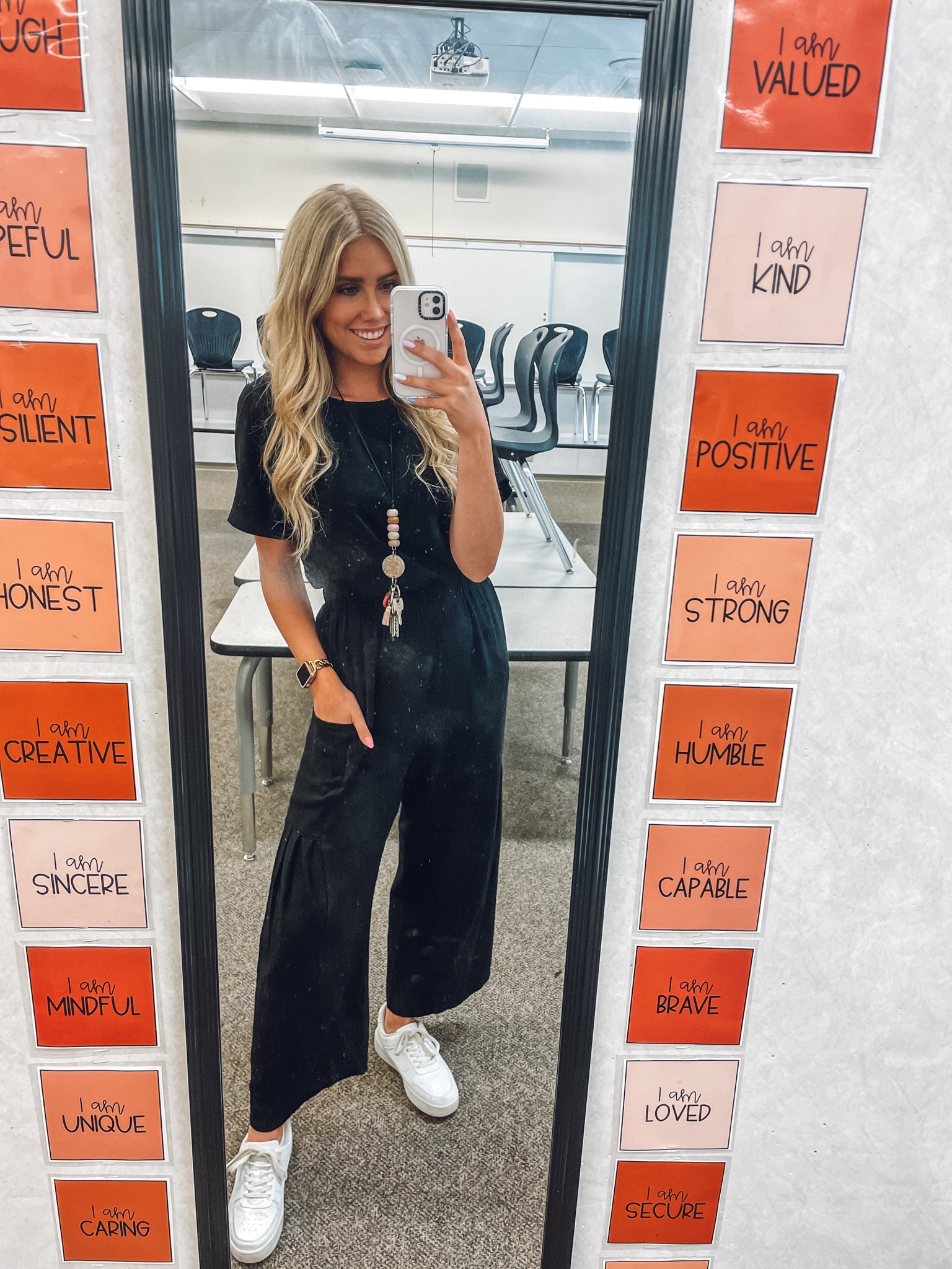 Teacher outfit!
Black jumpsuit is seriously my fav jumpsuit it right now I own it in 3 colors and want it in every color!! It looks like free people but half the price and it’s so comfy and flattering! I sized down one to a small and I’m 5’6” for reference!
My sneakers are look alikes for the Nike Air Force 1 and they’re less than $20!!!!!!! 

| teacher outfit | jumpsuit | amazon fashion | short sleeve jumpsuit 

#LTKShoeCrush #LTKFindsUnder100 #LTKWorkwear