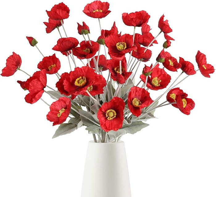 Red Poppies Artificial Flowers,8PCS Silk Poppy Flowers Fake Poppies for Wedding Bouquet Party Tab... | Amazon (US)