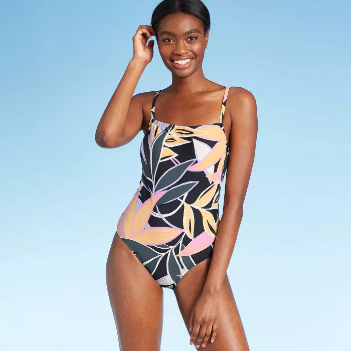 Women's Straight Neck Palms Medium Coverage One Piece Swimsuit - Kona Sol™ Floral | Target