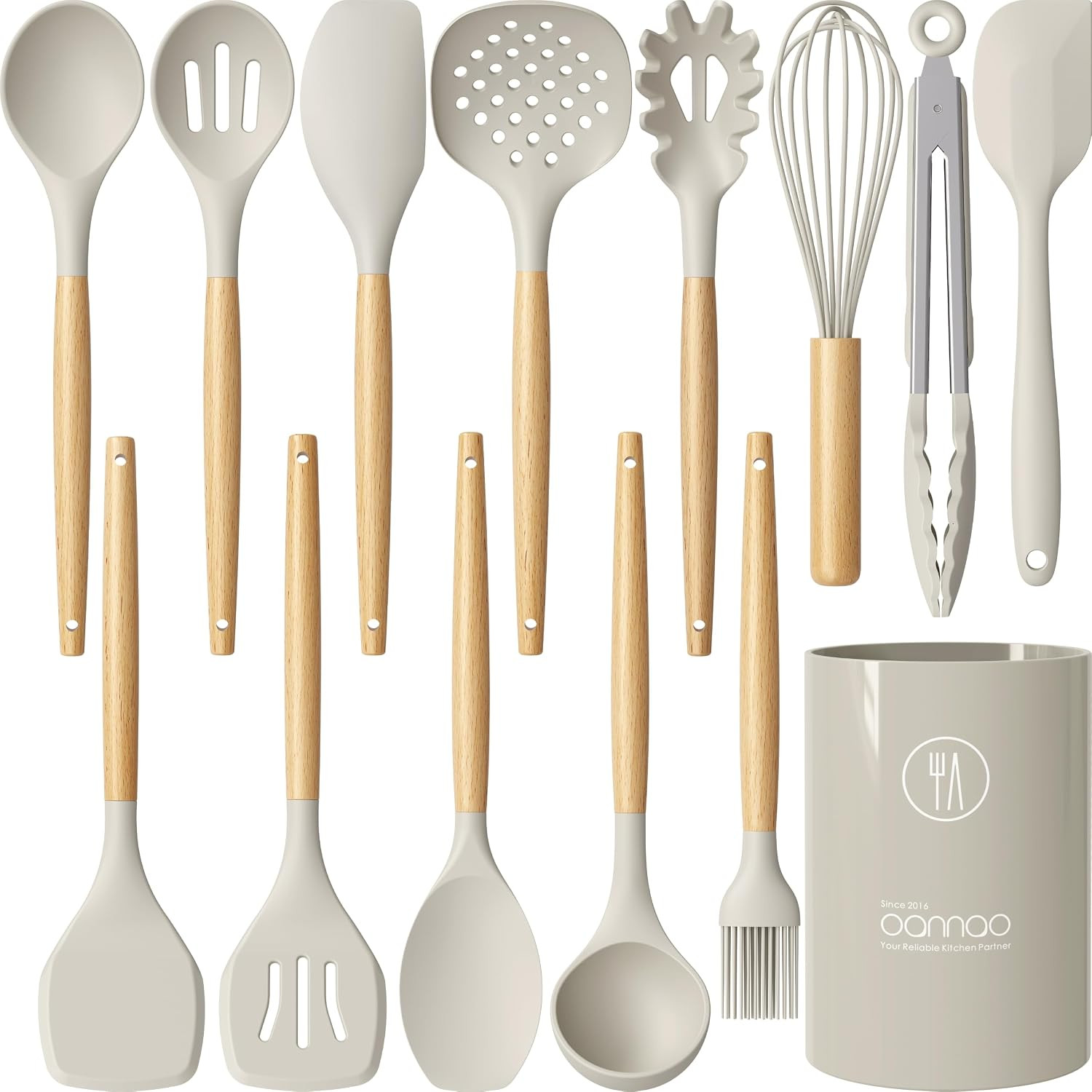oannao Silicone Cooking Utensils Set - 446°F Heat Resistant Silicone Kitchen Utensils for Cooking,Kitchen Utensil Spatula Set w Wooden Handles, BPA FREE Gadgets for Non-Stick Cookware (Khaki) | Amazon (US)