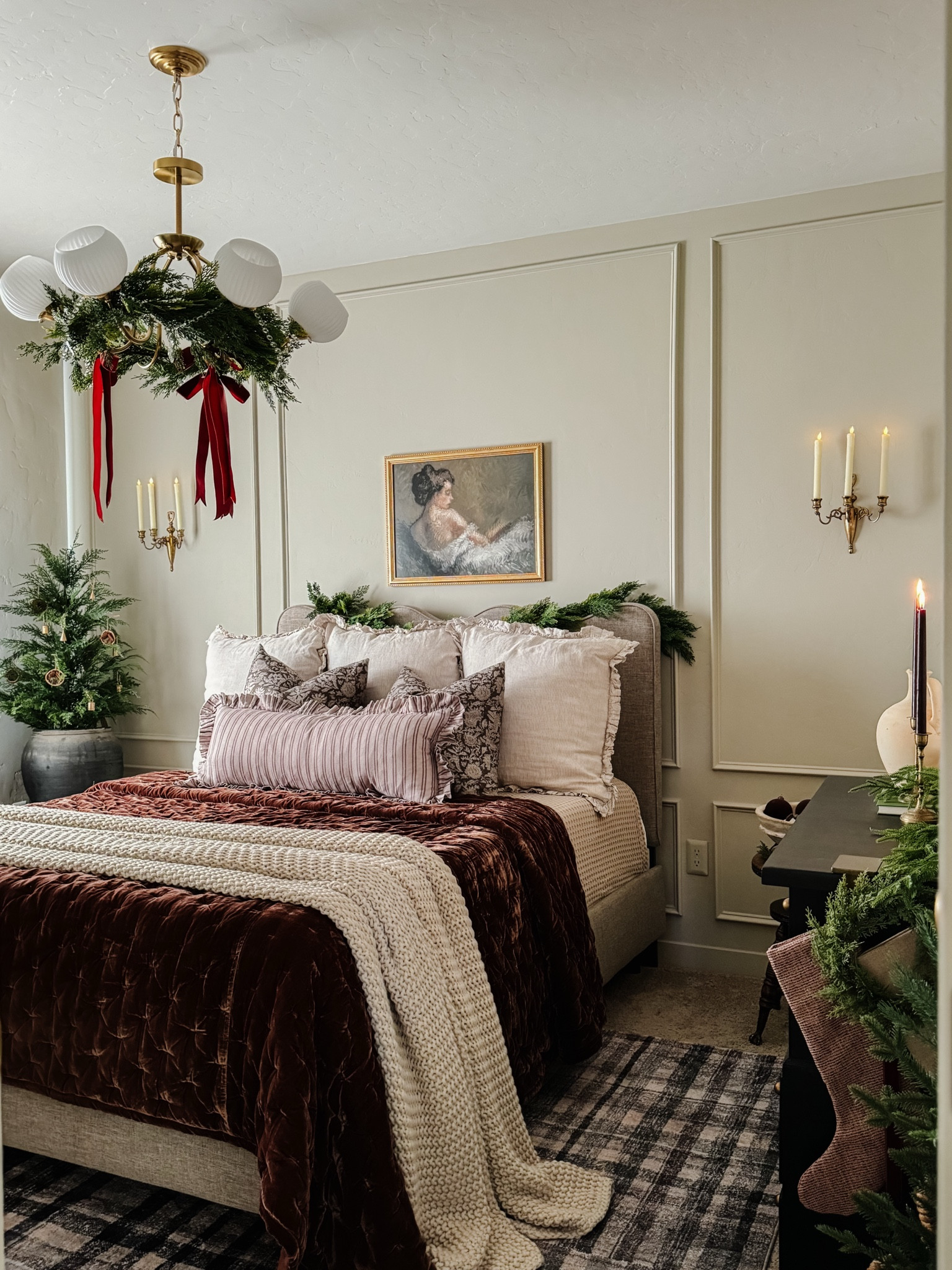 Christmas decor, Christmas bedroom, Scalloped bed frame, bedroom ideas, inspo, wavy linen bed frame, Lulu and Georgia bed, modern bed, bedding ideas, Shades of Light dome light fixture, black light fixture, farrow and ball paint, chunky knit blanket, plaid rug, neutral kantha quilt, plaid curtains, window pane curtains, Two pages pinch pleat curtains, neutral curtains, hand block print throw, Target blanket, cozy cottage vibe, window pane curtain

#LTKSaleAlert #LTKSeasonal #LTKHome