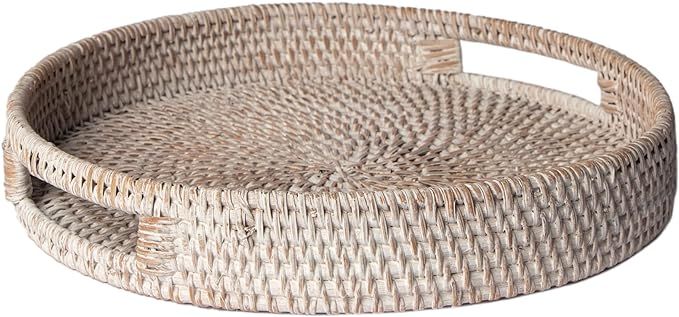 Porto Boutique Round Rattan Serving Tray - Modern Woven Tray w/Handles for Dining Table, Livingro... | Amazon (US)