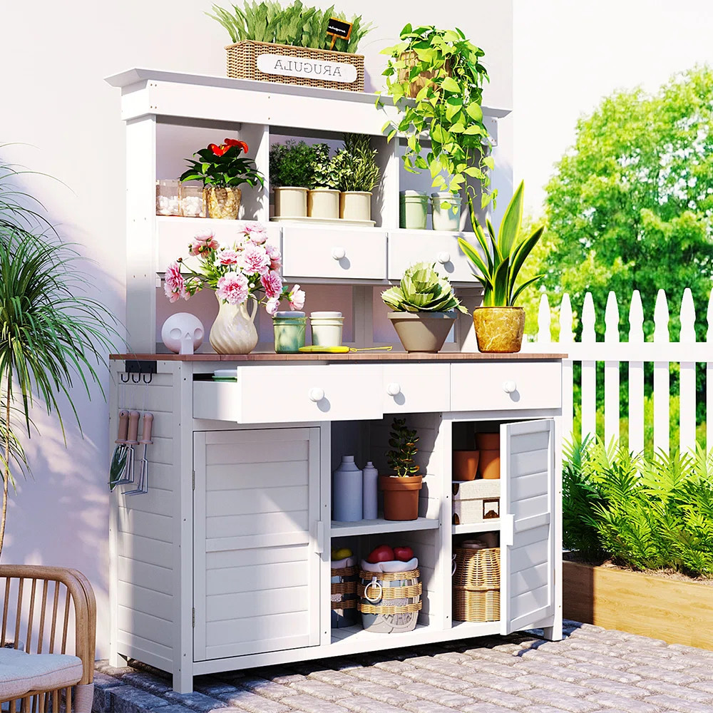 Farmhouse Rustic Outdoor Potting Bench Table With Hutch, Patio Storage Workstation With 3 Shelves... | Wayfair North America