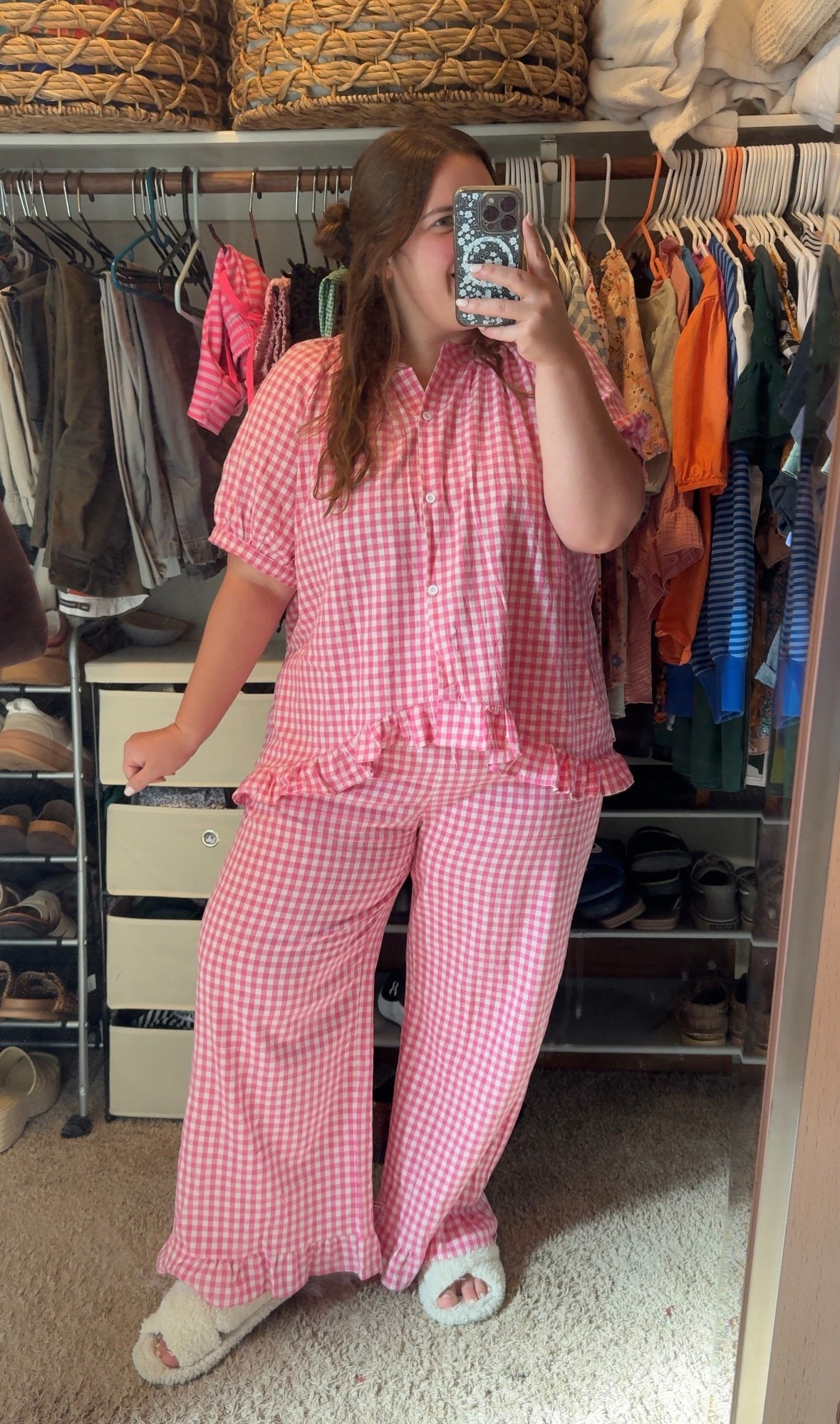 These pink gingham ruffle pjs are so girly and comfy! They are 100% cotton and do not have much stretch to them. I’m 5’1 in a size 16 wearing an xxl. 

#LTKgrwm #LTKootd #LTKMidsize