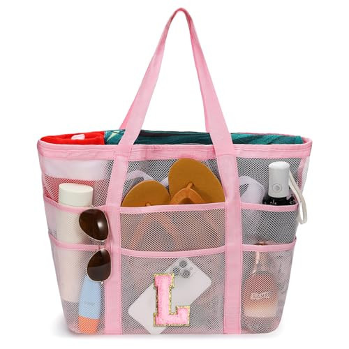YOOLIFE Travel Beach Bags - Mesh Beach Tote Bag, Personalized Mesh Bag, Beach Supplies, Large Swim Bag, Initial Beach Bags for Girls, Personalized Beach Bags for Women, Beach Accessories Pink L | Amazon (US)