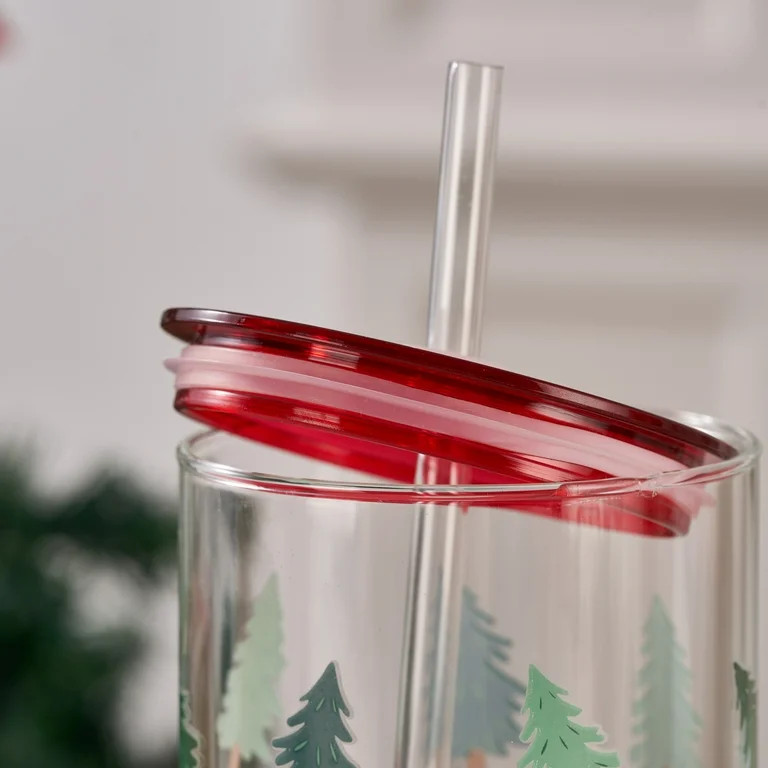Christmas Trees Can Sipper Glass with Lid 20 OZ Holiday Time | Walmart (US)