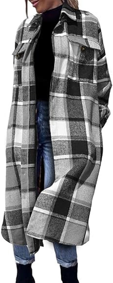 FindThy Women’s Long Plaid Shacket Wool Blend Button Down Shirt Jacket Coat with Pockets | Amazon (US)