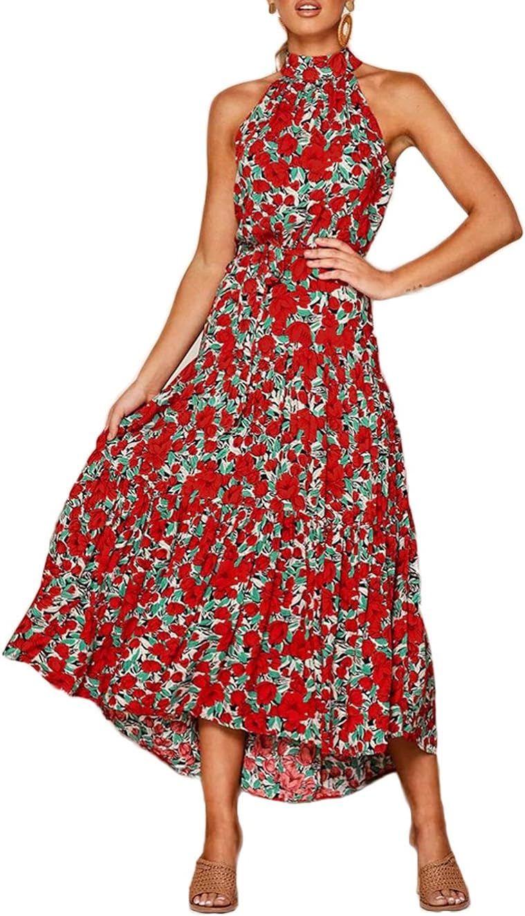 Longwu Women's Casual Halter Neck Sleeveless Elastic Waist Floral Printed Maxi Dress Pleated Sund... | Amazon (US)