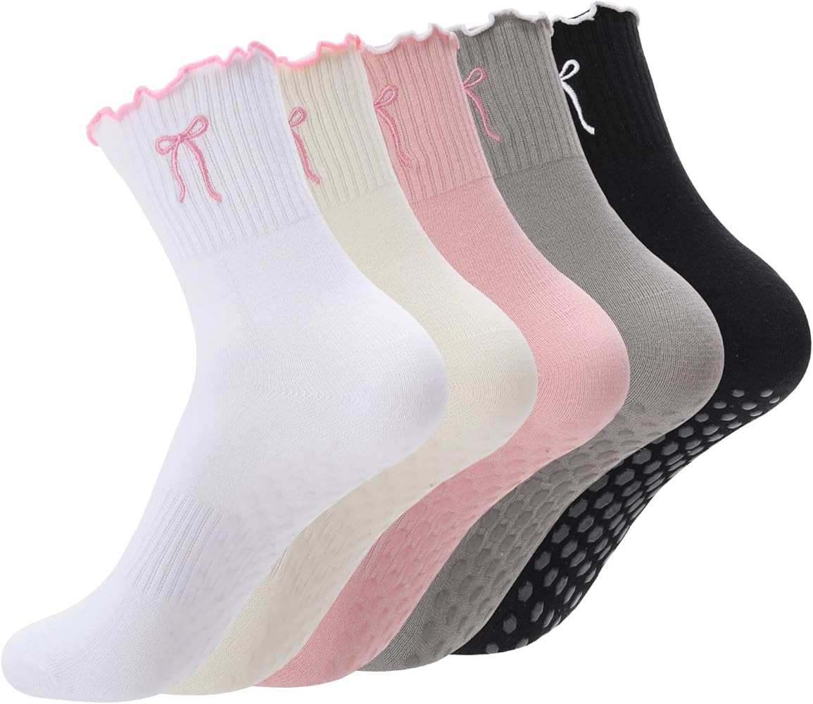 5 Pairs Women‘s Cute Pilates Socks with Grips, Non-Slip Ruffle Yoga Sock, Cotton Grippy Crew So... | Amazon (US)