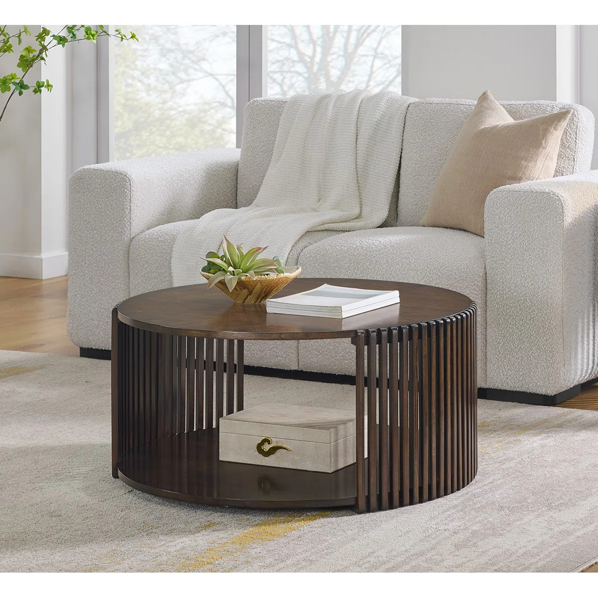 Estie Round Wood Slatted Coffee Table With Open Shelf | Wayfair North America