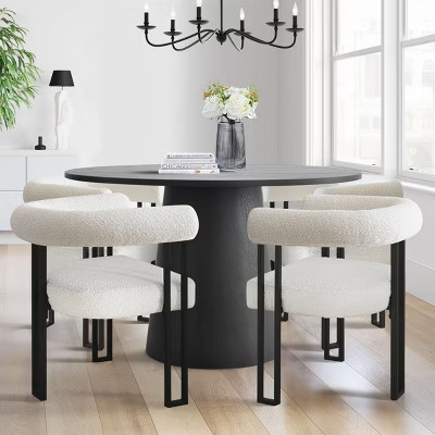 5-Piece Round Pedestal Dining Table Set, 46" Modern Black Dining Table with 4 Upholstered Boucle Chairs for Kitchen & Dining Room-Panipeachy | Target