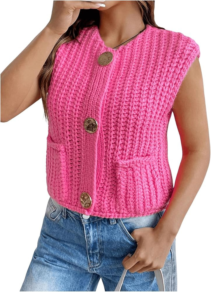 GORGLITTER Women's Sweater Vest Button Down Crochet Knit Cropped Vest Tops with Pockets | Amazon (US)
