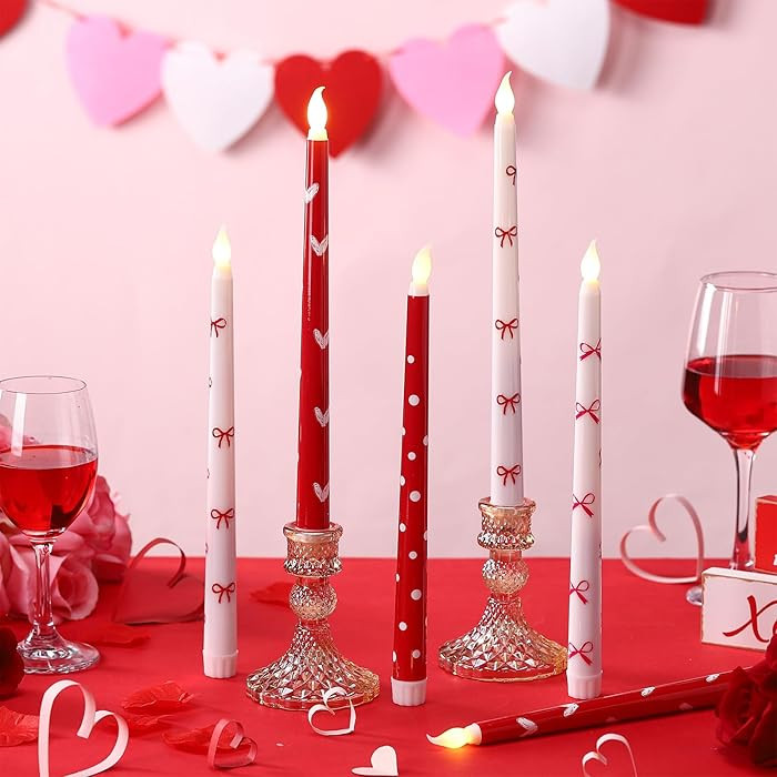 6 Pcs Valentine's Day Flameless Taper Candles with Hearts, Bows, and Dots, 9.6 Inch Battery Opera... | Amazon (US)