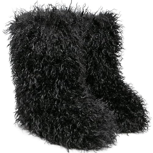 Valpeak Women's Faux Fur Mongolian Furry Y2K Winter Fluffy Fuzzy Boots (Black, 6) | Amazon (US)