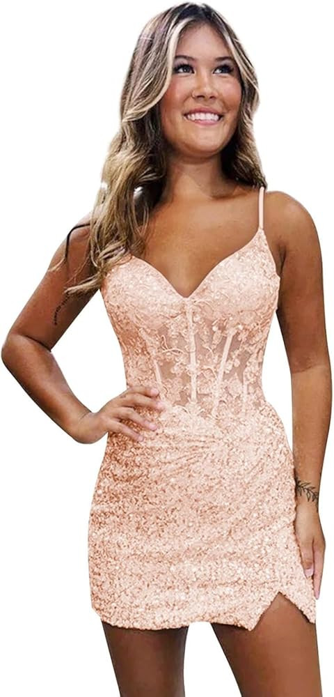 Loyeloy Short Homecoming Dresses for Teens 2025 V Neck Sparkly Sequin Applique Prom Evening Gowns | Amazon (US)