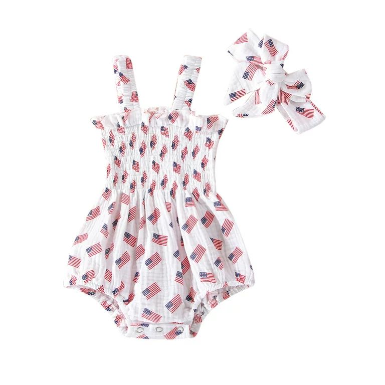 Newborn Baby Girl 4th of July Outfit Sleeveless Ruffle Stripe Star Romper American Flag Bodysuit ... | Walmart (US)