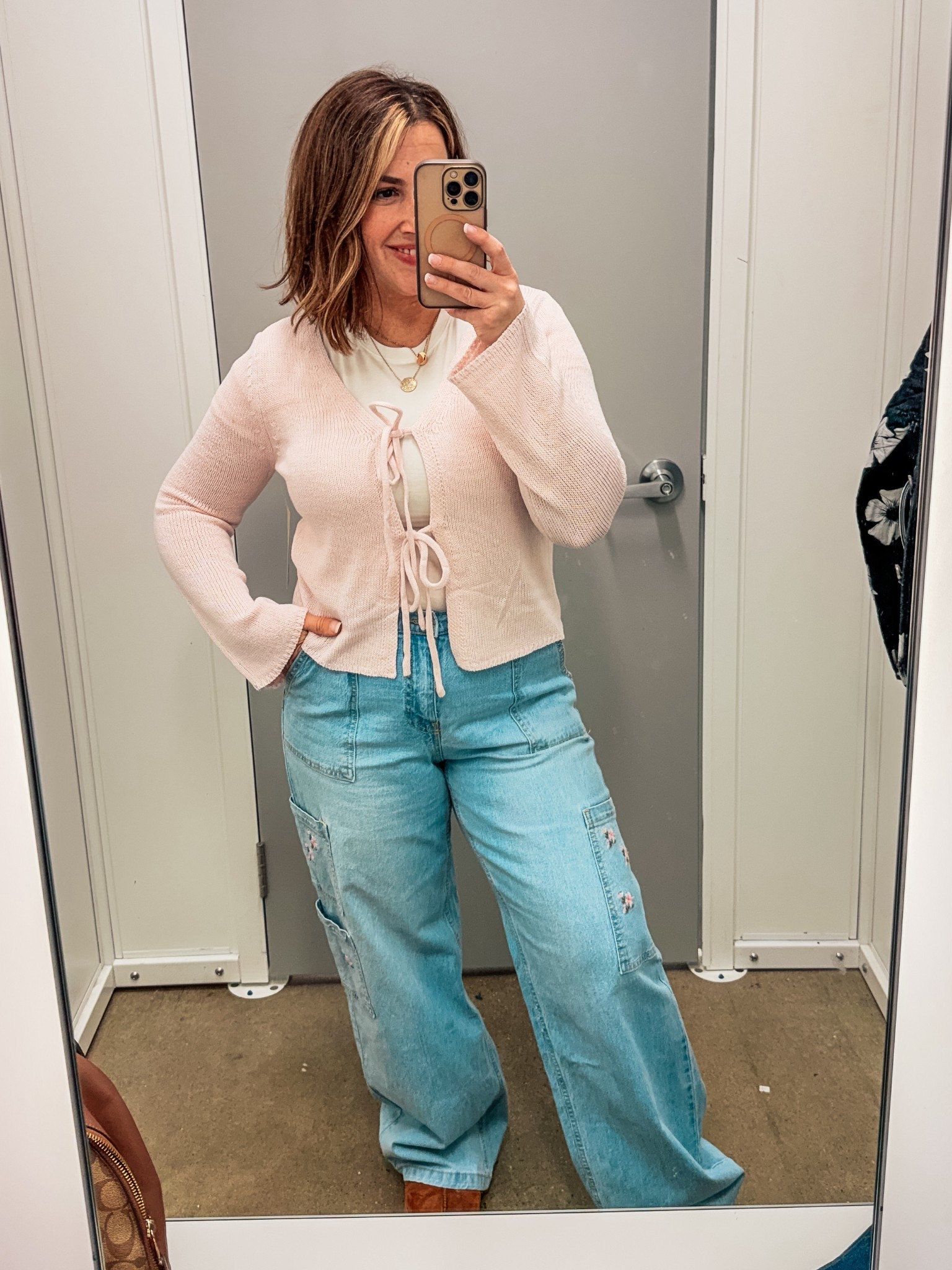 Casual Walmart outfit idea. Featuring wide leg, floral, print jeans and a V-neck tie front top.

#LTKPetite #LTKOver40 #LTKValentine