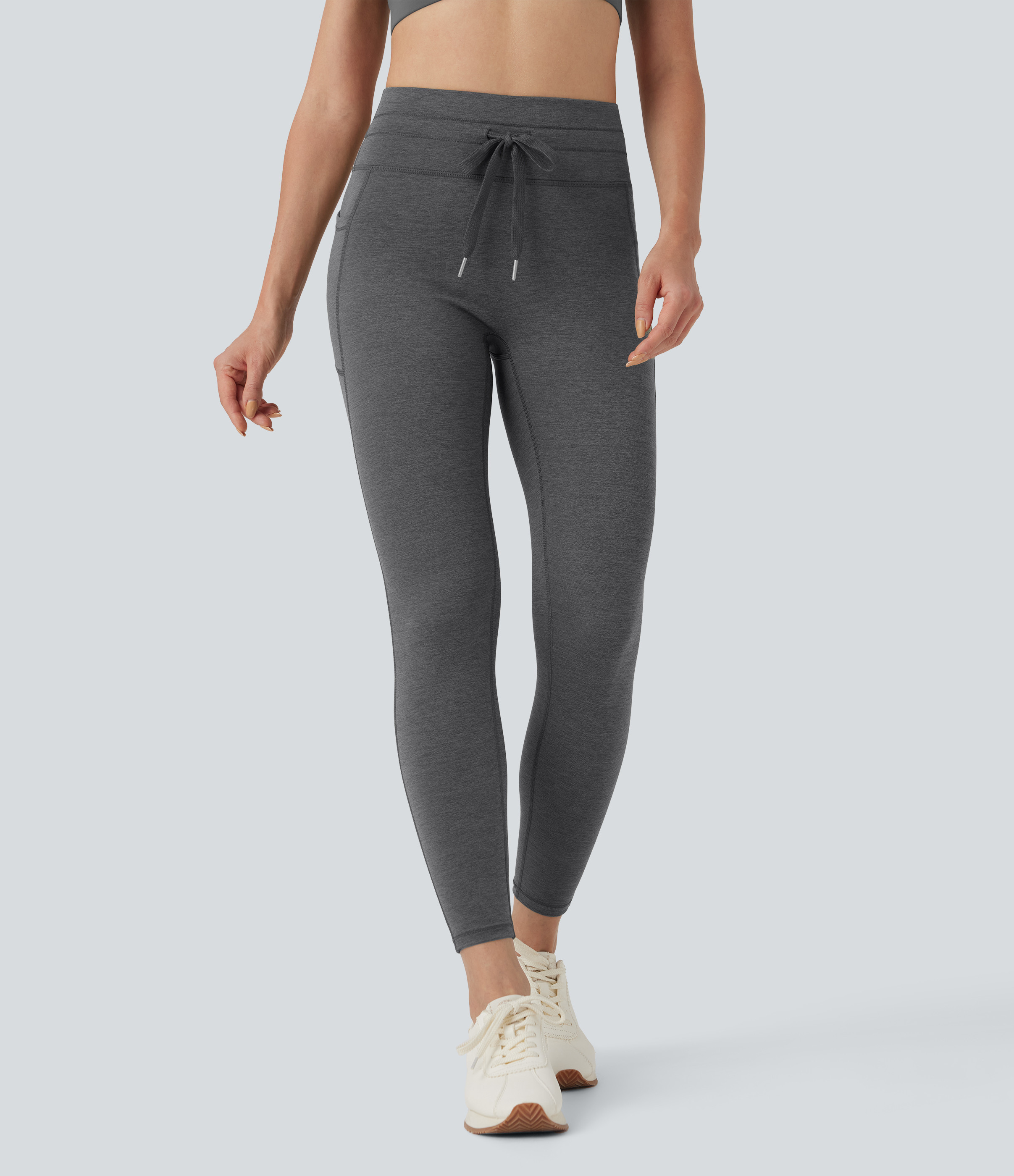 Halara High Waisted Drawstring Heathered 7/8 Yoga Leggings with Pockets - Dusky Charcoal - M(7/8) gym leggings leggings with pockets | HALARA