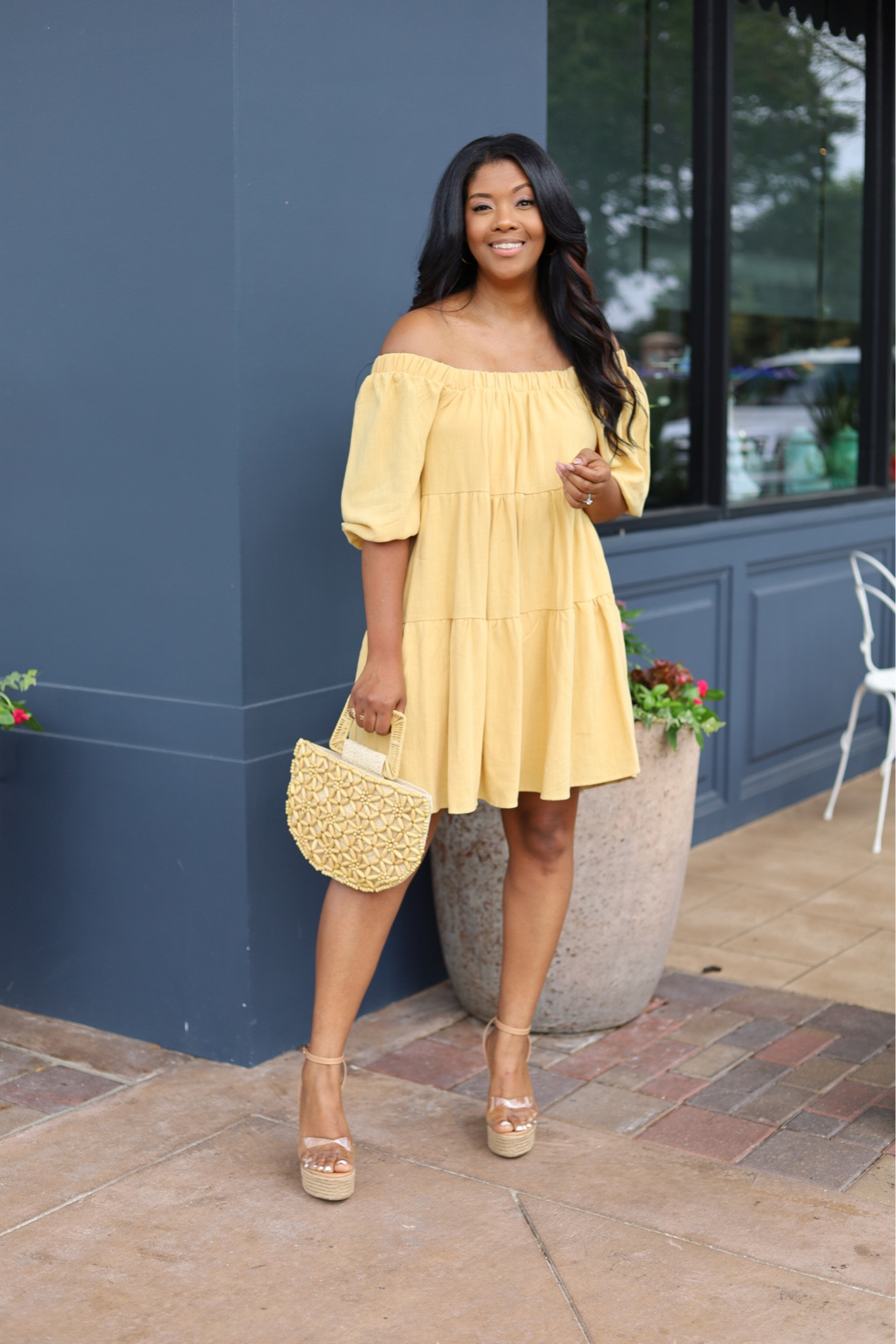 Yellow dress, red dress boutique. Off the shoulder dress. Wedges. Clear wedges. Travel dress, beach dress, vacay look. 

#LTKunder100 #LTKwedding #LTKtravel