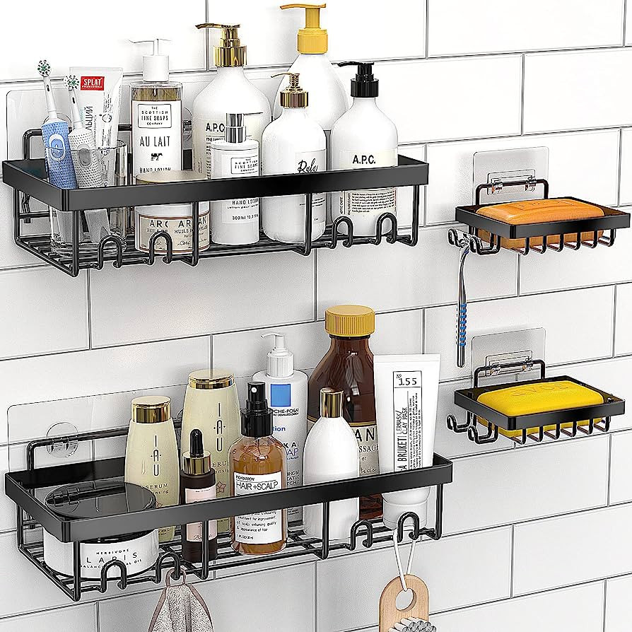Moforoco Shower Caddy Shelf Organizer Rack, Self Adhesive Black Bathroom Shelves Basket, Home Far... | Amazon (US)