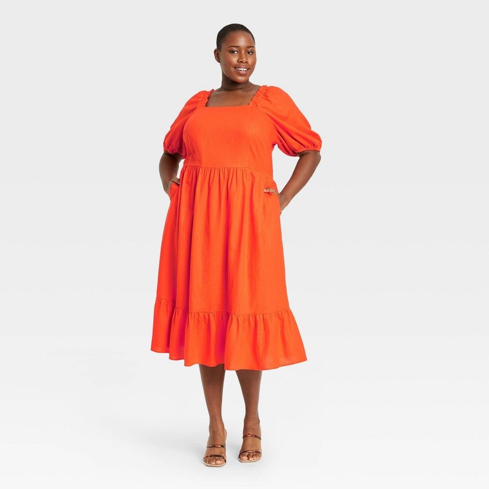 Women's Plus Size Puff Elbow Sleeve Open Back Dress- Who What Wear Orange 4X | Target