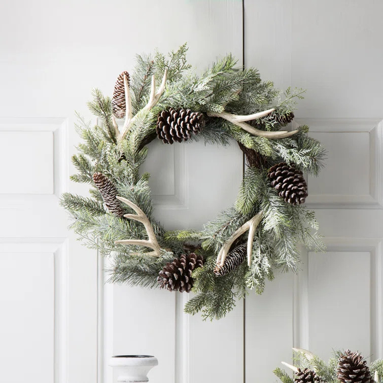 24"D Christmas Flocked Pinecone & Antler Wreath | Wayfair North America