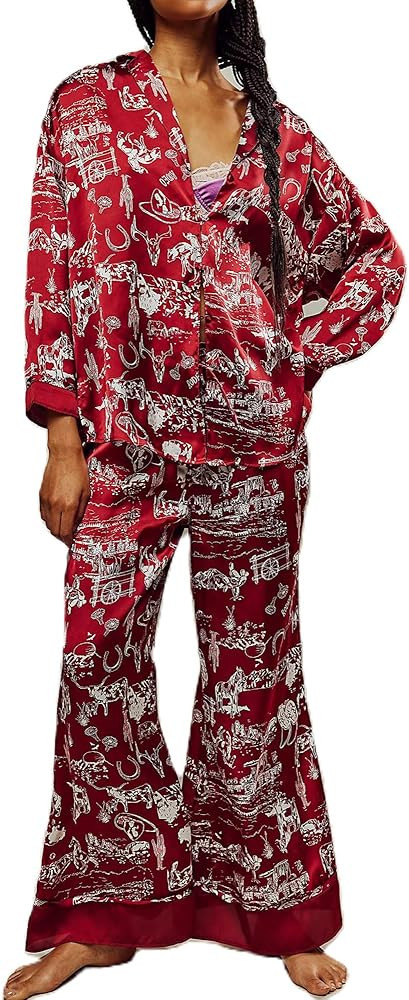 Women Satin Pajama Set Floral Silk Pajamas 2 Piece Lounge Sets Button Down Shirts Wide Leg Pants ... | Amazon (US)
