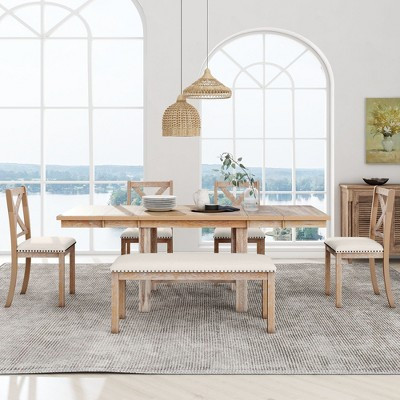 Farmhouse Extendable Dining Table Set for 6, Solid Wood Rectangular Kitchen Table Set with Removable Leaf, 4 Upholstered Chairs and Bench, Natural | Target