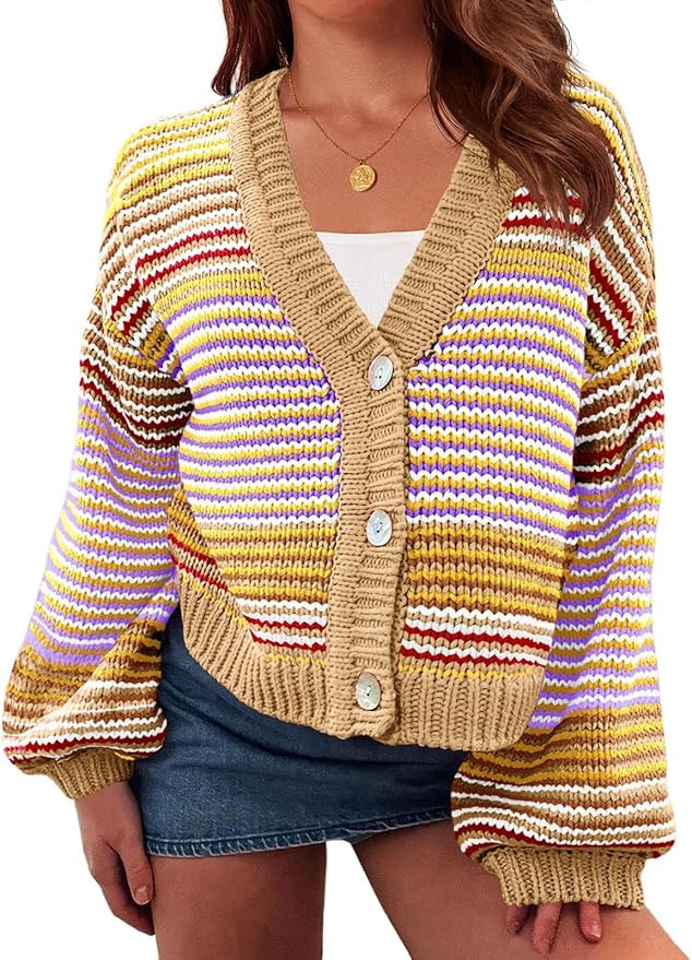 Saodimallsu Womens Striped Cardigan Sweaters Oversized Puff Sleeve Button Up V Neck Color Block K... | Amazon (US)