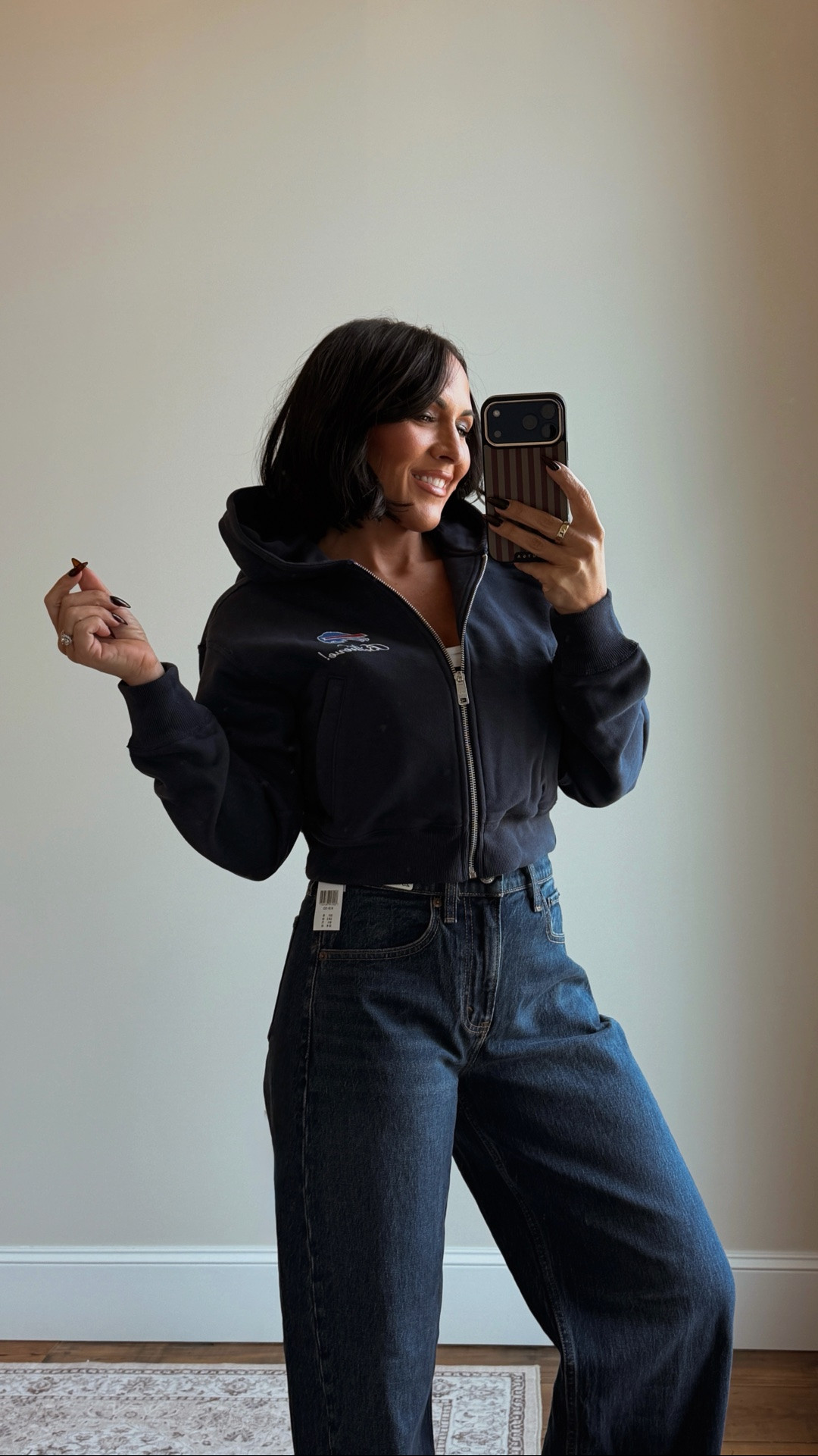 So cute! 

Xs in jacket 
Small in bra
25 in jeans