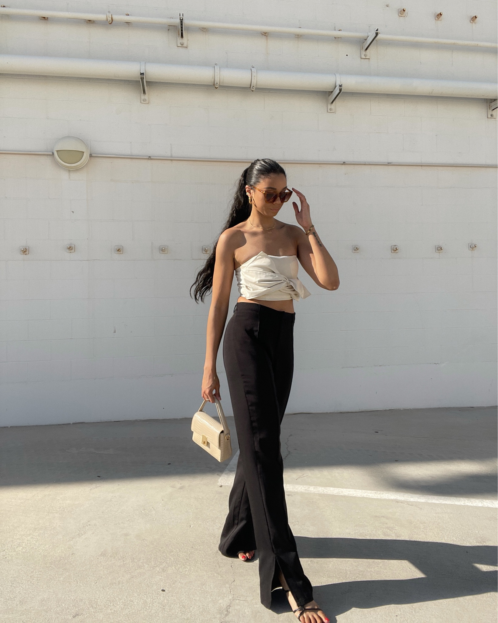 Fall fashion, fall outfit, black pants, puddle pants, tall black pants, neutral outfit, dressed up, tube top