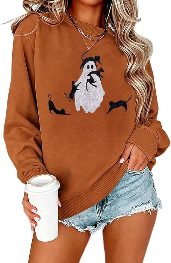 Halloween Sweatshirt Women Black Cat Ghost Graphic Print Embroidered Sweatshirts Long Sleeve Pull... | Amazon (US)