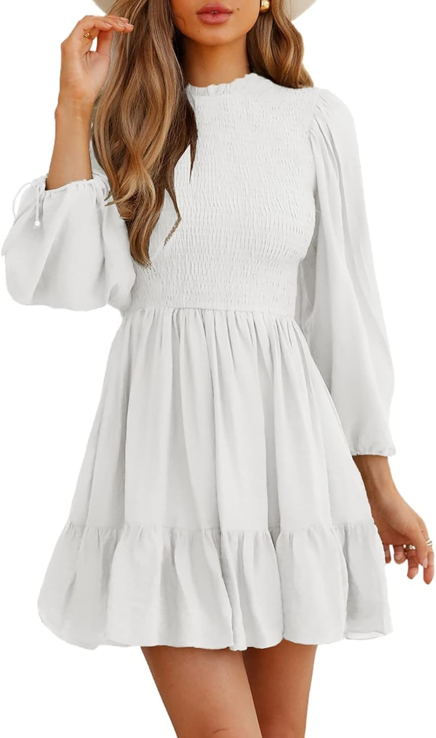 Itsmode Womens Smocked Dress Casual Drawstring Long Sleeve Ruffle Trim Neck A Line Mini Dresses for  | Amazon (US)