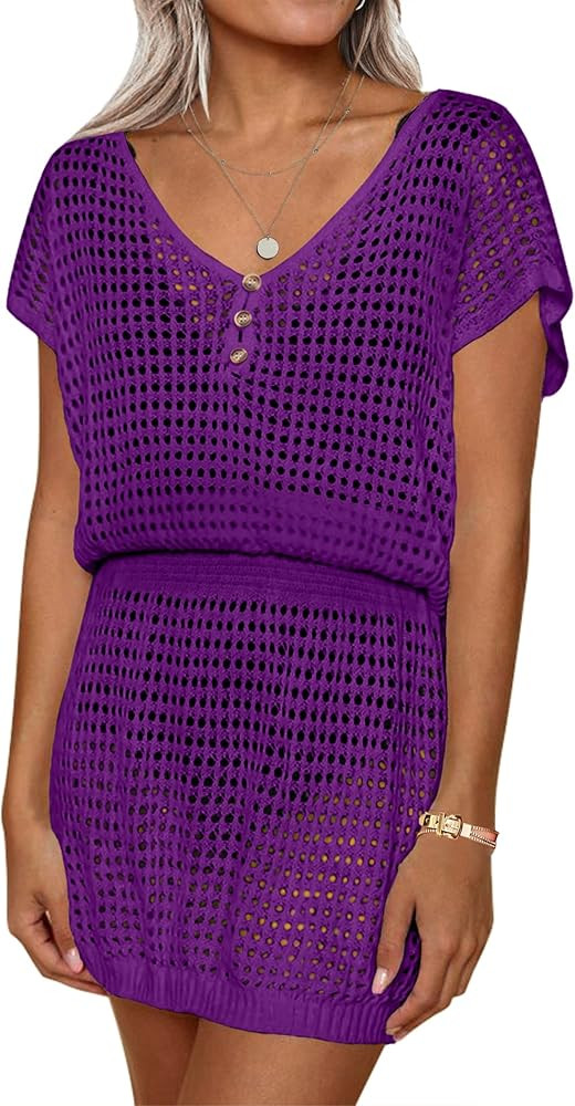 AOLRO Women's Swim Coverups Crochet Hollow Out Short Sleeve V Neck Beach Swimsuit Bathing Suit Cover | Amazon (US)