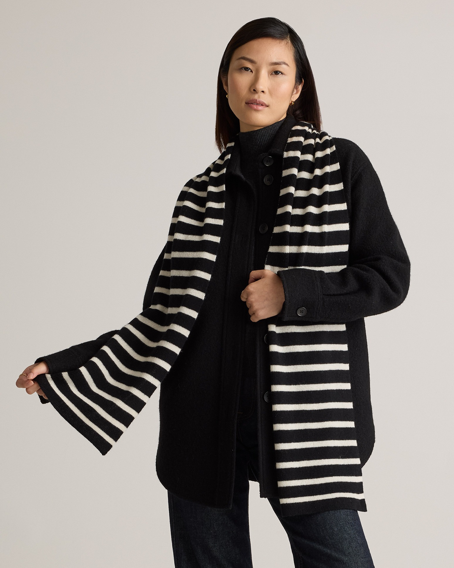 Quince | Women's Mongolian Cashmere Scarf in Black/Ivory Stripe | Quince