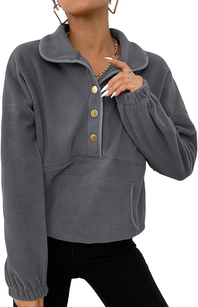 CFLONGE Women Casual Long Sleeve Button Down Sweatshirt Lapel Polar Fleece Pullover Lightweight Soli | Amazon (US)