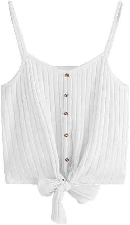 SheIn Women's V Neck Tie Knot Front Ribbed Knit Sleeveless Cami Tank Crop Top | Amazon (US)