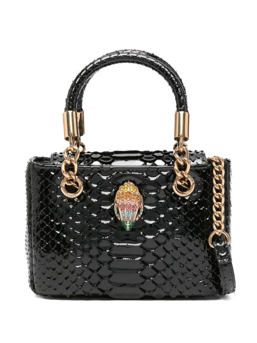 Structured Handbag In Glossy Black Snakeskin With Jewel-Encrusted Clasp | Shop Simon