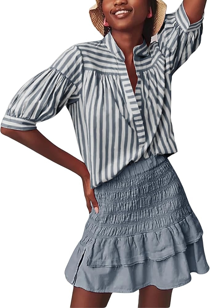 Womens Summer Pleated V Neck T Shirts Short Sleeve Casual Loose Blouses Striped Tunics Swing Top | Amazon (US)