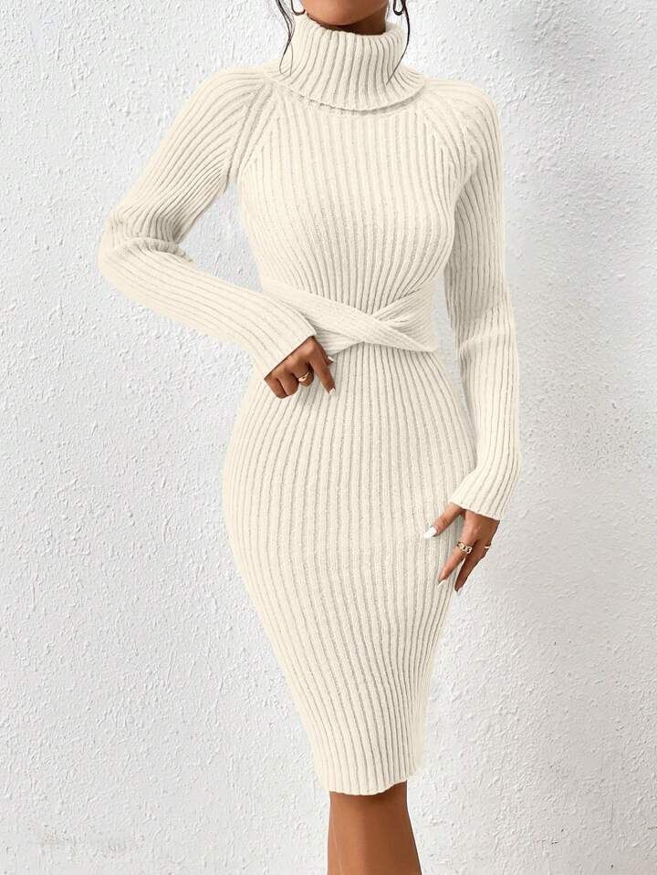 SHEIN Privé Turtleneck Raglan Sleeve Twist Front Sweater Dress | SHEIN