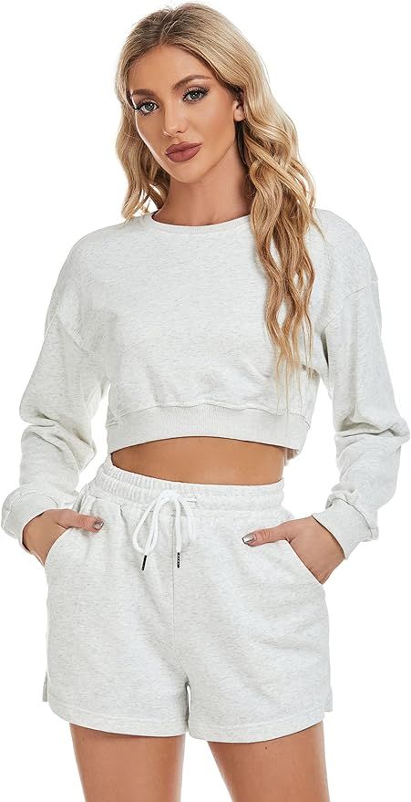 COZYPOIN Women 2 Piece Lounge Sets Oversized Long Sleeve Shorts Outfits Casual Sweatsuit Pajamas ... | Amazon (US)