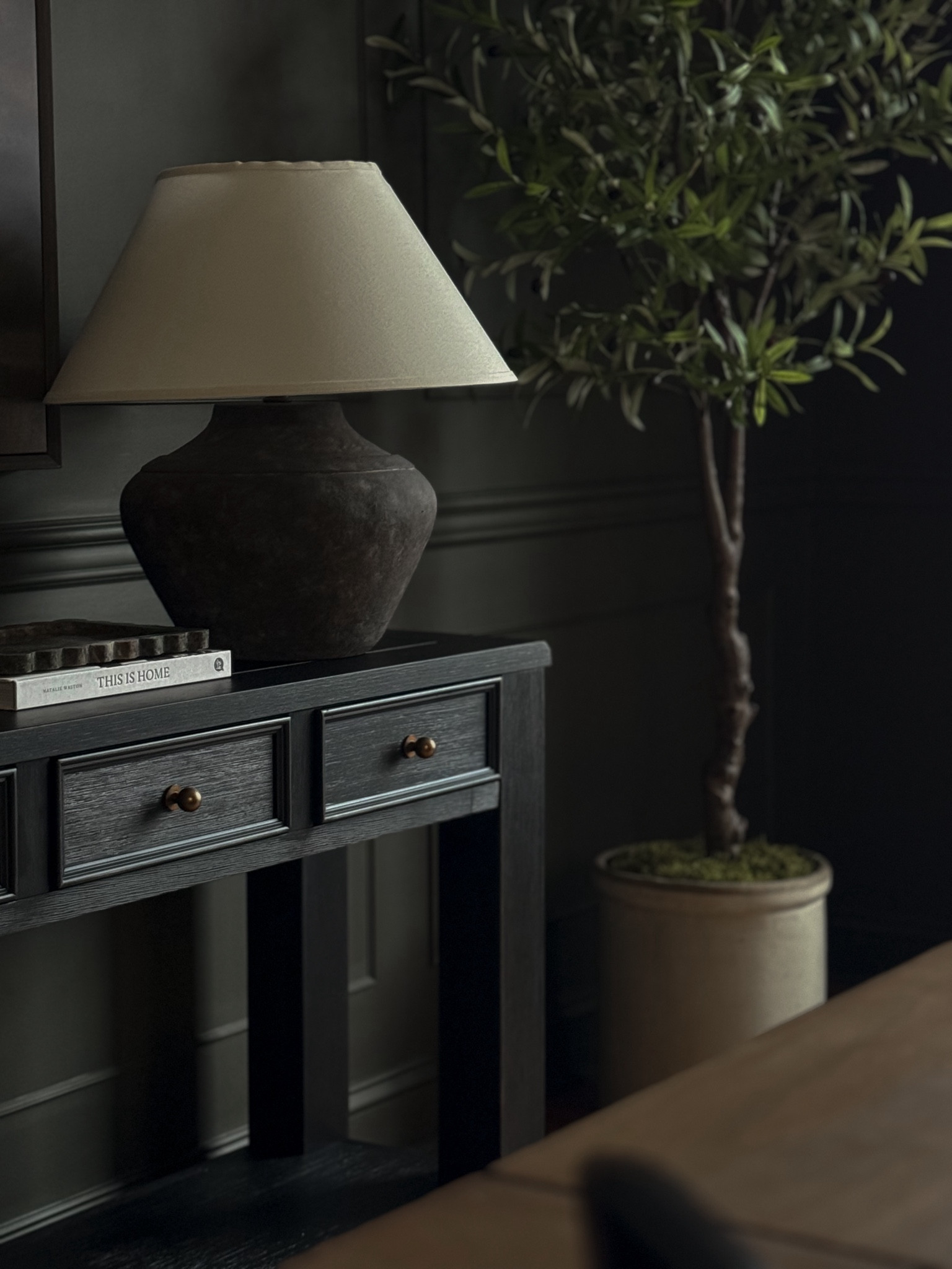 Moody dining room decor, console table decor, table lamp, dining room lamp, dining table, dining chairs, olive tree

#LTKHome