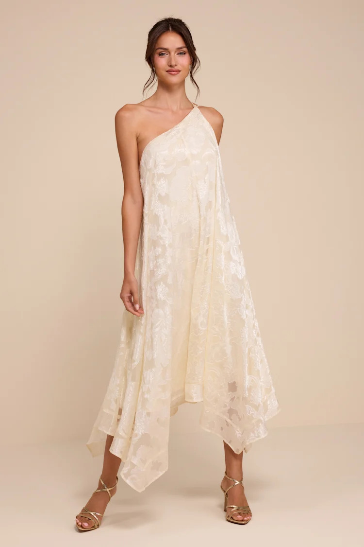 Deja Ivory Floral Jacquard One-Shoulder Shift Midi Dres | Lulus