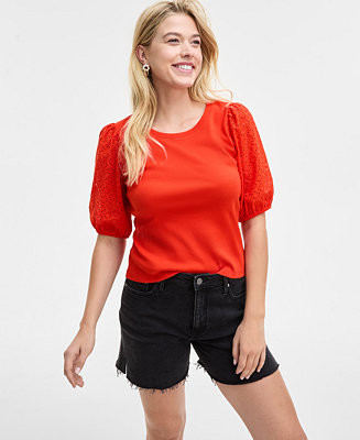 On 34th Women's Eyelet-Sleeve Rib-Knit Top, Exclusively at Macy's - Macy's | Macy's