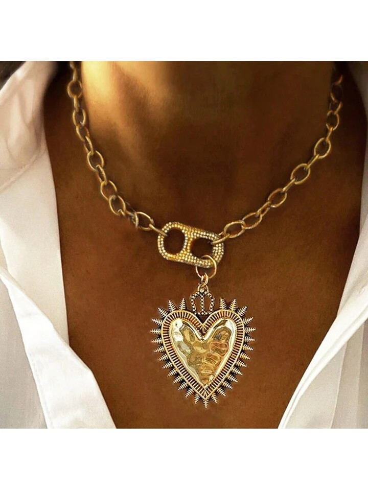 Manbara 2024 Chunky Chain Crystal Pig Nose Cham Bohemian Mexican Catholic Sacred Silver Gold Plated Heart Amulet Pendant Charms Necklace Silver Plated Heart Statement Christian Jewelry | SHEIN