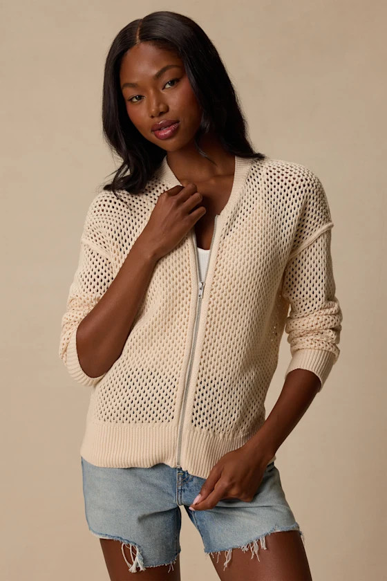 Bea Cream Pierced Knit Zip-Up Sweater | Lulus