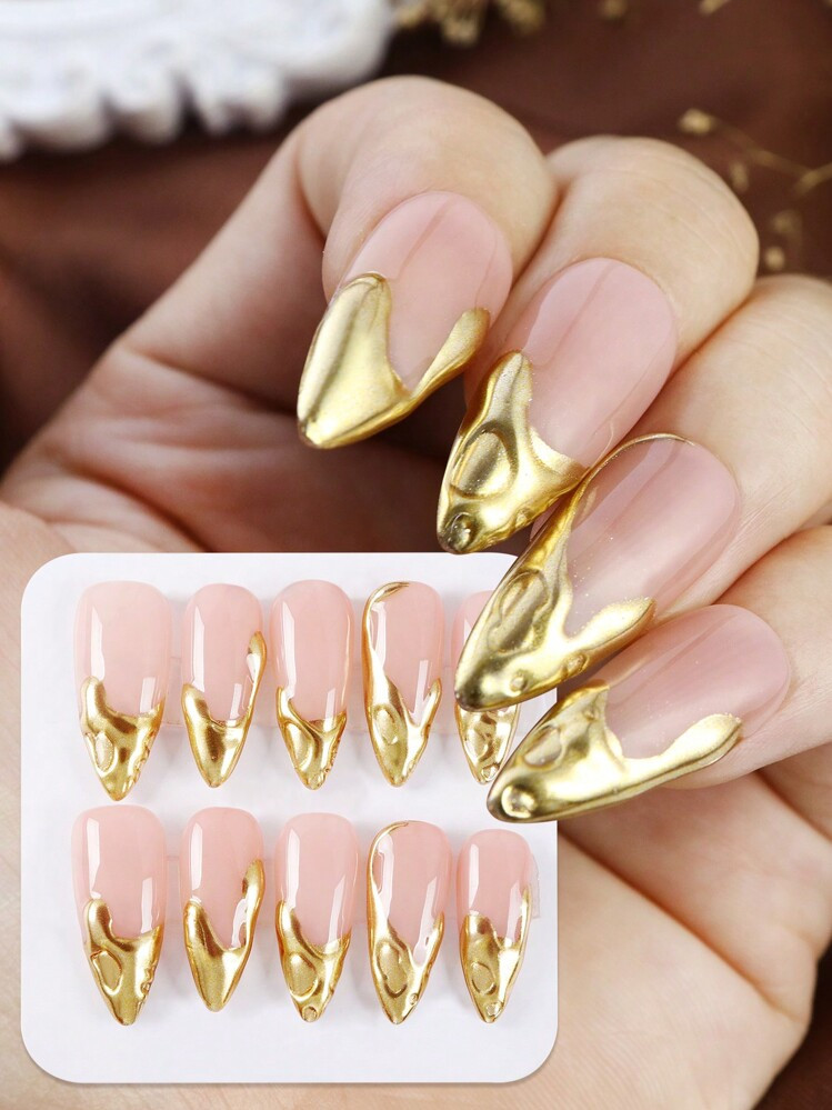 Trends10pcs/Set Handmade Long Almond Shape Press-On False Nails, Heavy Metal French 3D Style Fals... | SHEIN